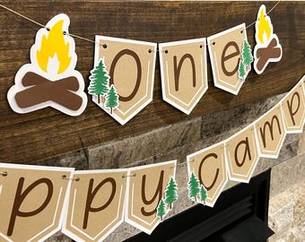 One Happy Camper Highchair Birthday Banner Bundle First 1st Birthday camping bear woodland