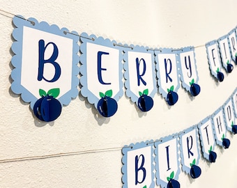 3D Personalized Berry First Birthday Blueberry Banner blue 1st First flowers boy girl customized name