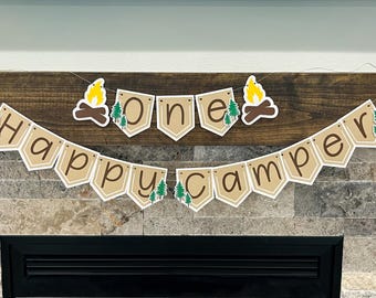 One Happy Camper Highchair Birthday Banner Bundle First 1st Birthday camping bear woodland