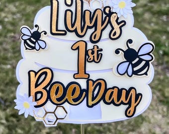 Personalized Bee Day Cake Topper - First Birthday, Gold