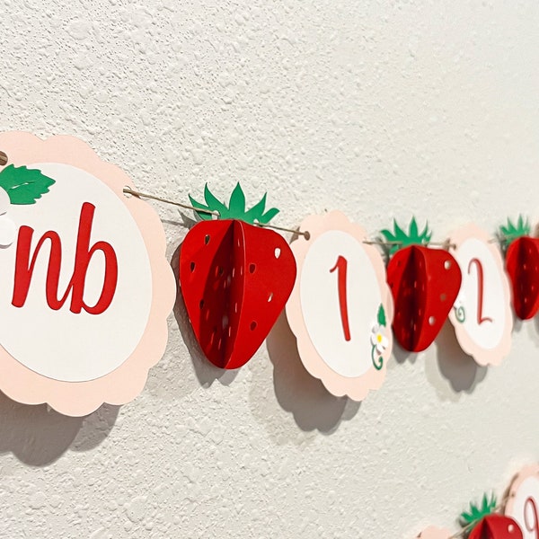 3D Strawberry Photo Banner Milestone Berry First Birthday Pink Red 1st Decoration newborn 12 month one year