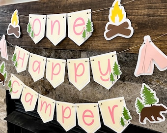 One Happy Camper Girl Birthday Banner First 1st Pink customized