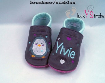 Krabbelschuhe, Lederpuschen, Pinguin, Name, personalisierbar