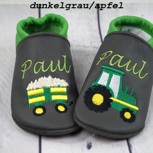 Crawling shoes, leather slippers, tractor + trailer, names, customizable