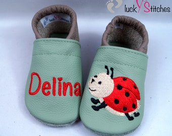 Crawling shoes, leather slippers, beetle, ladybug, name, personalisable