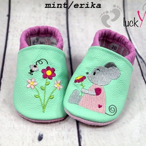 Krabbelschuhe, Lederpuschen, Maus, Blume, Name, personalisierbar Bild 3