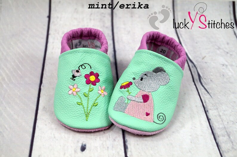 Krabbelschuhe, Lederpuschen, Maus, Blume, Name, personalisierbar Bild 3