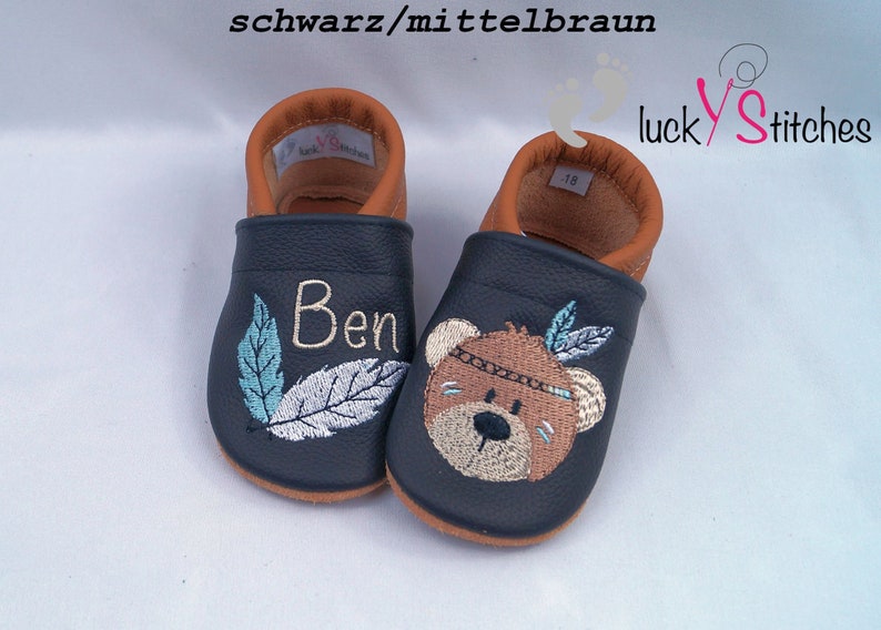 Krabbelschuhe, Lederpuschen , Boho Bär Junge, Name, personalisierbar Bild 2