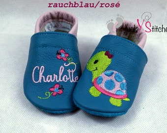 Crawling shoes, leather slippers, turtle girl, name, personalisable