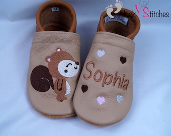 Crawling shoes, leather slippers, squirrels, autumn, name, personalisable