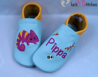 Crawling shoes, leather slippers, chameleon, name, personalisable