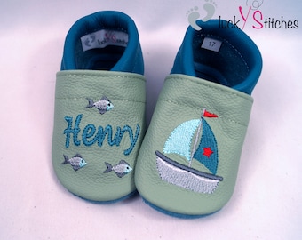 Crawling shoes, leather slippers, boat, ship, name, customizable