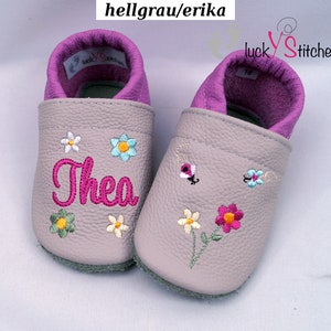 Crawling shoes, leather slippers, flowers, name, personalisable image 1