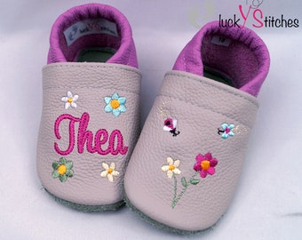Crawling shoes, leather slippers, flowers, name, personalisable
