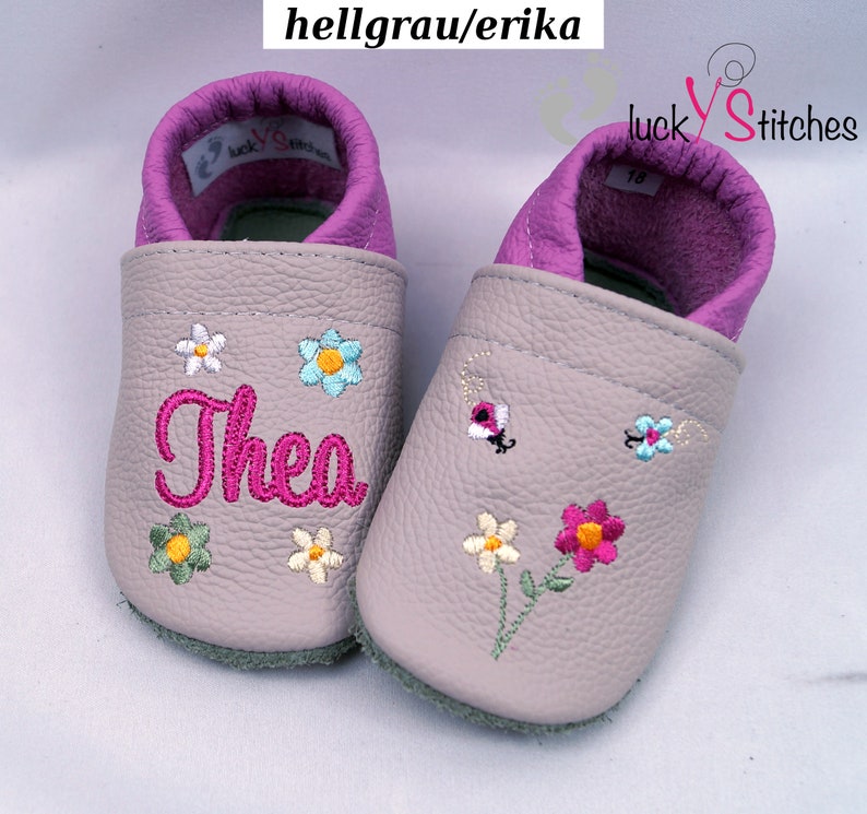 Crawling shoes, leather slippers, flowers, name, personalisable image 1