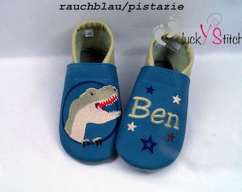 Crawling shoes, leather slippers, dinosaurs, name, personalisable