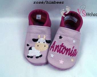 Crawling shoes, leather slippers, cow, name, customizable