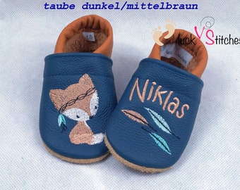 Crawling shoes, leather slippers, boho fox, name, personalisable