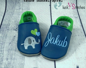 Krabbelschuhe, Lederpuschen, Elefant mit Ballons , Name, personalisierbar