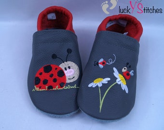 Crawling shoes, leather slippers, ladybugs, name, personalisable