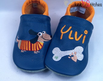 Crawling shoes, leather slippers, Dachshund, name, customizable