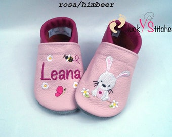 Crawling shoes, leather slippers, bunnies, name, personalisable