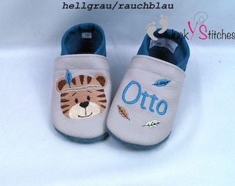 Krabbelschuhe, Lederpuschen, Boho-Tiger, Name, personalisierbar