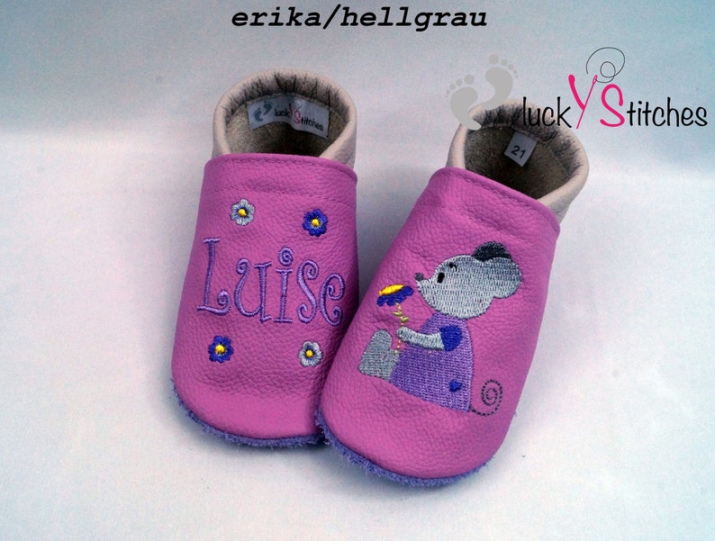 Crawling shoes, leather slippers, mouse, flower, name, personalisable image 2