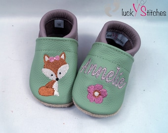 Crawling shoes, leather slippers, fox - girl, name, personalisable