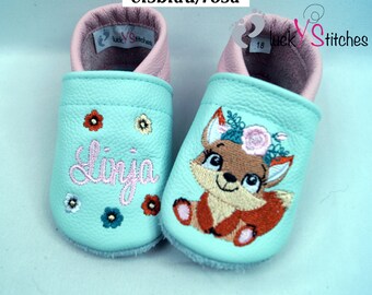 Crawling shoes, leather slippers, fox with headdress, name, customizable