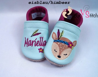 Krabbelschuhe, Lederpuschen, Boho-Reh, Name, personalisierbar