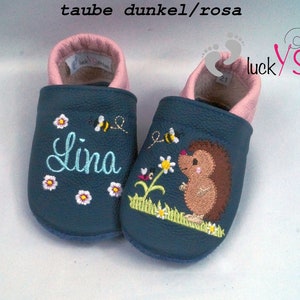 Crawling shoes, leather slippers, hedgehog with bee & flower, name, personalisable