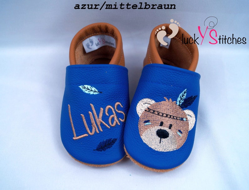 Krabbelschuhe, Lederpuschen , Boho Bär Junge, Name, personalisierbar Bild 7