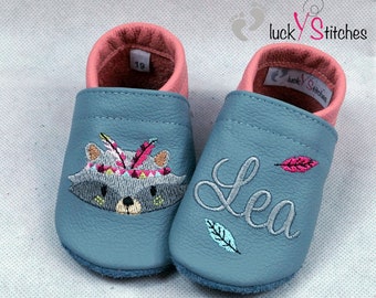 Crawling shoes, leather slippers, boho raccoon, name, personalisable