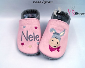 Krabbelschuhe, Lederpuschen, Esel, Name, personalisierbar