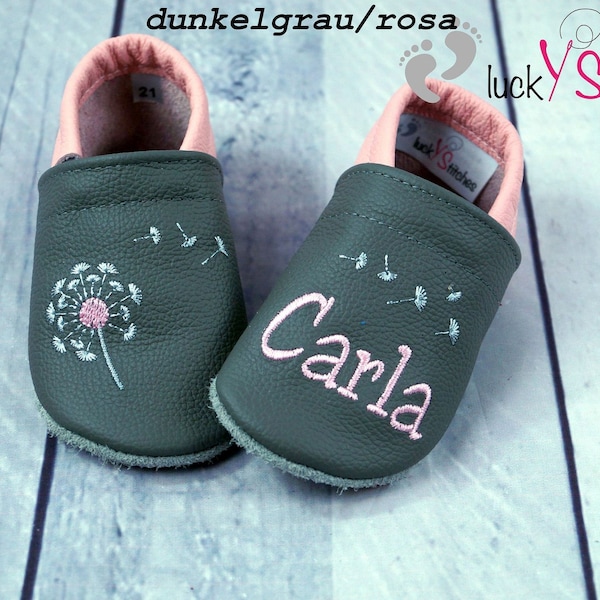 Krabbelschuhe, Lederpuschen, Pusteblume, Name, personalisierbar