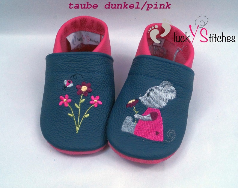 Crawling shoes, leather slippers, mouse, flower, name, personalisable image 1