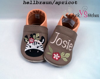 Crawling shoes, leather slippers, zebra, name, personalisable