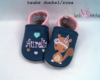 Crawling shoes, leather slippers, boho - squirrel, name, personalisable