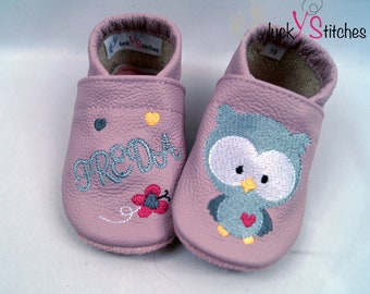 Crawling shoes, leather slippers, owl, name, personalisable