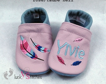 Crawling shoes, leather slippers, feathers, name, personalisable