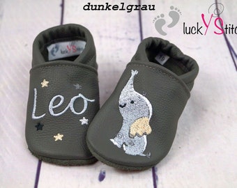 Crawling shoes, leather slippers, elephant, name, customizable