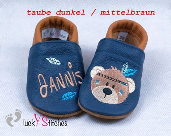 Krabbelschuhe, Lederpuschen , Boho - Bär Junge, Name, personalisierbar