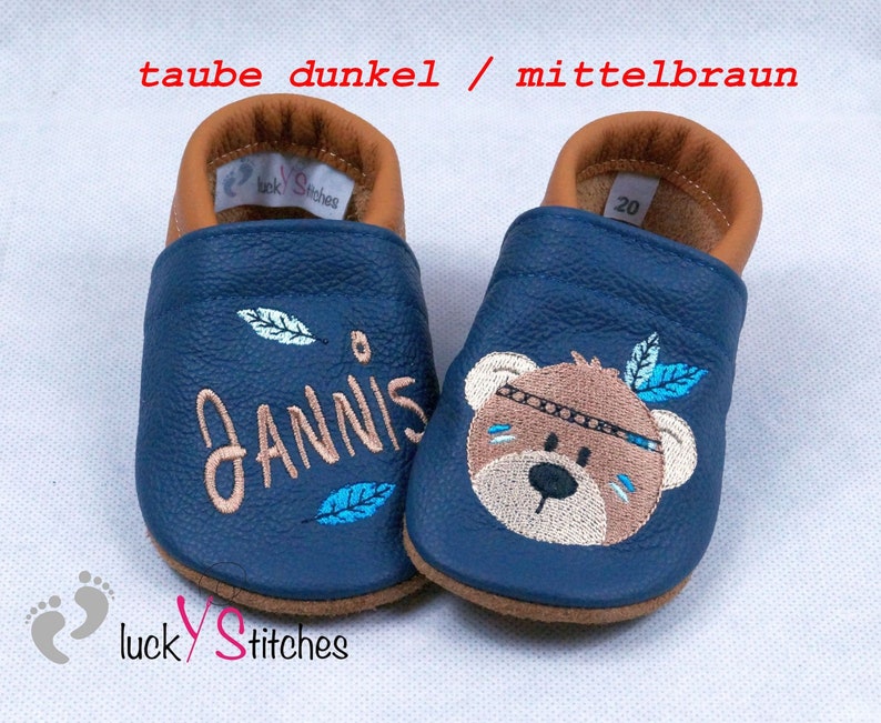 Krabbelschuhe, Lederpuschen , Boho Bär Junge, Name, personalisierbar Bild 1