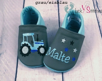 Crawling shoes, leather slippers, tractor, name, customizable