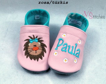 Crawling shoes, leather slippers, lioness, lion girl, name, personalisable