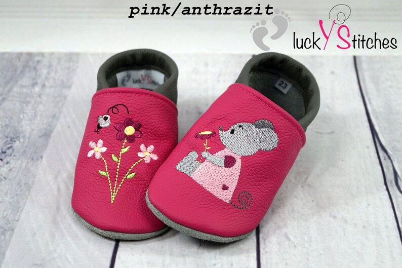 Crawling shoes, leather slippers, mouse, flower, name, personalisable image 4