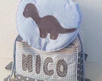 Kindergarten backpack blue grey with dino and name