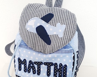 Kindergarten backpack blue with airplane and name