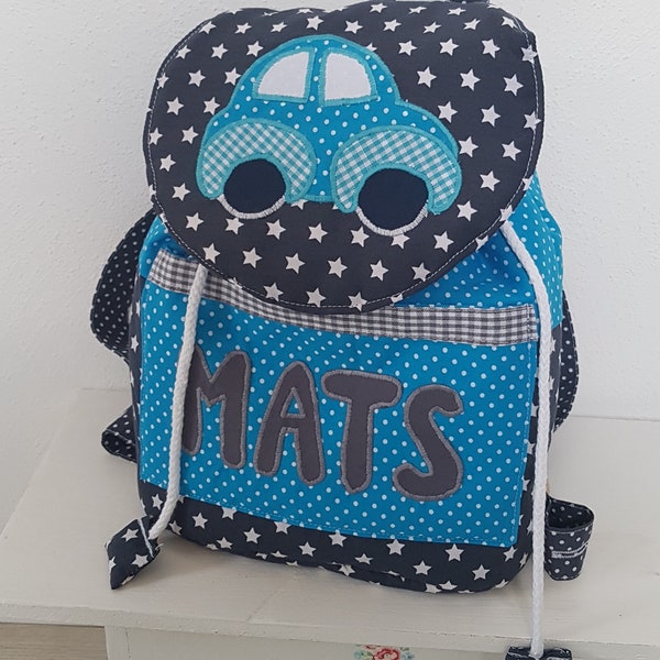 Kindergarten backpack with car and name turquoise dark blue